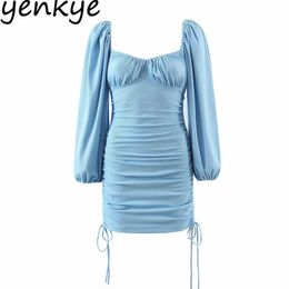 Fashion Women Side Drawstring Draped Bodycon Mini Dress Vintage Solid Color Long Sleeve Knit Sexy Spring Autumn Robe 210514
