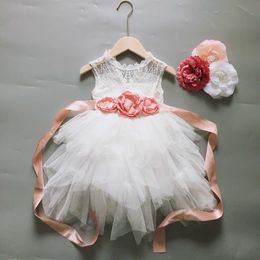 Little Girl Vintage Dress for Kids Lace Flower with Sashes Elegant Girls 3 Layers Tutu Party Gown Clothing 210529