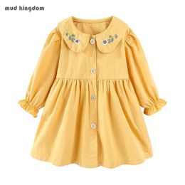 Mudkingdom Toddler Girls Dresses Button Front Floral Peter Pan Collar Girl Spring Dress Cute Ruffle Long Sleeve Kids Clothes 211231