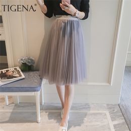 TIGENA Midi Pleated Tulle Skirt Women Summer Solid A-line High Waist Knee Length Tutu Mesh Female korean Style School 210708