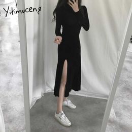 Yitimuceng Midi Dresses for Women Split Fork Slim Sexy Dress Korean Fashion High Waist Long Sleeve Black Sundress Spring 210601