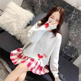 Female Sweater Spring And Autumn Solid Colour Long-sleeved Love Pattern Knit Cute Loose Student Style 210427