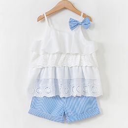 Girl's Clothes Summer Children Bow Lace Sling T-shirt+Striped Short Pants Sets Kids Sleeveless Clothing 3-7t 210515