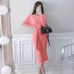knitting Maxi korean ladies long-sleeve dress woman drop Pink long party for women clothing 210602