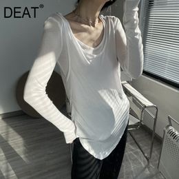 DEAT spring fashion women clothes round neck pullover elastic fake two pieces see throw T-shirt female tide WP44400 210428