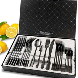 24PCS Black Gold Dinnerware Set Stainless Steel Flatware s Tableware Cutlery Party Candlelight Dinner Wood Gift Box 210928