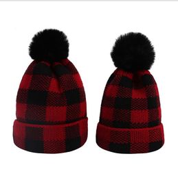 Christmas Hats Red Black Plaid Xmas Cap Warm Knitting Tuque with Big Fur Pom Ball Baby Women Men Skull Caps Headwears BT6722