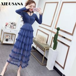 Autumn Women Style Long Sleeve Solid Colour Pleated Cake Dress Sexy Halter High Waist V-Neck Lace Mid Calf Dresses 210423