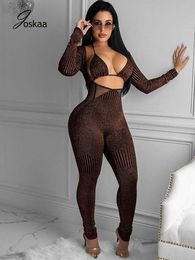 Joskaa 2020 Winter Women Clothing Sexy Halter Corset Perspective Mesh Splicing Hollowed Out Long Sleeve Jumpsuit Night Clubwear Y0625