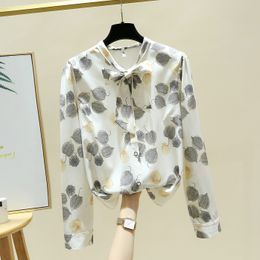 Autumn Korean Style Women's Bow Floral Print Long Sleeves Chiffon Shirt Female Casual Blouse OL Shirts A4423 210428