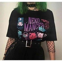 HAHAYULE YF Neko Mancer T-Shirt Unisex Cute Aesthetic Grunge Black Tee Satantic Gothic Clothing Witch Shirt 210322