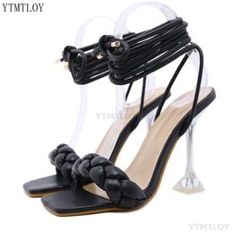 2021 New Summer Fashion Design Weave Women Sandals Transparent High Heels Ladies Lace up Thin Heels Sandalias Femenina K78