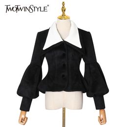 Elegant Tunic Jacket For Women Lapel Long Sleeve Casual Hit Colour Jackets Female Fashion Clothing Style 210524