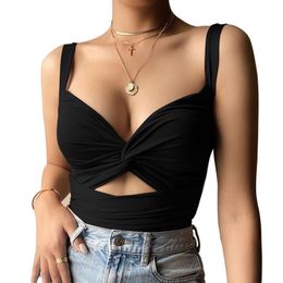 Women Crop Tank Top Sexy Knot Front Ruched V Neck Crisscross Bandage Vest Hollow Out Slim Camis Tops