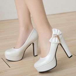 Dress Shoes Spring Autumn Women Single Fashion Round Toe Platform 12CM High Heel Wedding Cute Bow Decoration Banquet Heels