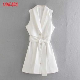 Tangada Women Solid White Waistcoat Dress with Slash Sleeveless Pocket Fashion Lady Elegant Dresses Vestido 2W170 210609