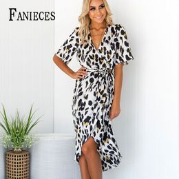 Fashion Women Leopard Print Mid-Calf Dress Lady short Sleeve V Neck Party Wrap Dresses OL Style Bodycon Sheath vestidos 210520