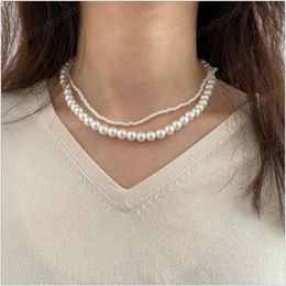 Vintage Imitation Pearl Multilayer Chain Necklace Simple Bead Choker Necklace For Women Fashion Party Jewerly Accessories