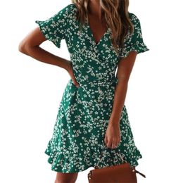 Printed short-sleeved V-neck waistband ruffled dress elegant summer fashion women's clothing 210520