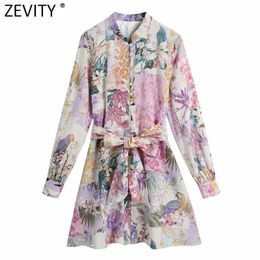 Zevity Women Stand Collar Breasted Bow Sashes Shirtdress Female Patchwork Floral Print Vestidos Chic A Line Mini Dresses DS8255 210603