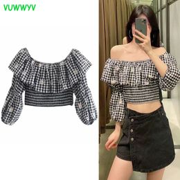 Black White Floral Embroidery Ruffle Crop Top Women Summer Off Shoulder Woman Blouses Long Sleeve Elastic Waist Tops 210430