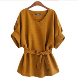 Women Spring Summer Style Blouses Shirt Lady Casual Short Sleeve V-Neck Solid With Leather Belt Women's Loose Tops DF3528 210317