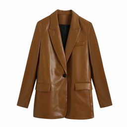 Fashion women leather blazer elegant ladies pocket PU jacket streetwear female notched brown girls chic suits 210427