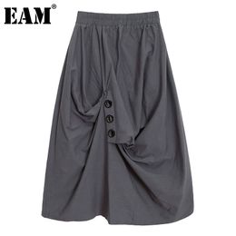 [EAM] Black Casual Irregular Ruched Buttons High Elastic Waist Half-body Skirt Women Fashion Spring Summer 1DD8555 21512