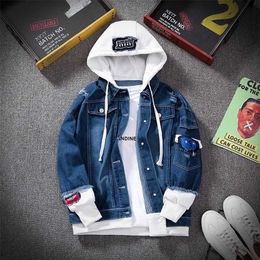 Men Denim Jacket Streetwear Hip Hop Men's Hooded Jean Jackets Male Casual Loose Outerwear Spring Fashion Slim Fit Coat 211025