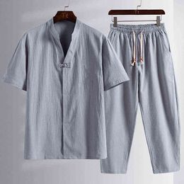 (Shirt + trousers) 2021 new style men shirt Man Cotton and linen shirts men's High quality of casual fashion shirts M-5XL G1222