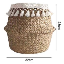 Laundry Basket Foldable Seagrass Flower Handwoven s Straw for Plant Pot Toy Storage 210609