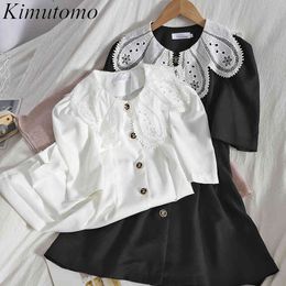 Kimutomo Summer Dress Stitching Lace Chic Peter Pan Collar Short Puff Sleeve Clothing Slim High Waist Breasted Female Vestido 210521
