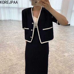 Korejpaa Women Sets Summer Korean Chic French V-Neck Trim Contrast Colour Button Short Coat High-Waisted Straight Skirts 210526