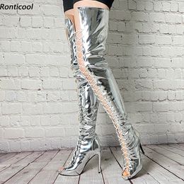 Rontic Personal Customise Women Spring Thigh Boots Patent Stiletto Heels Peep Toe Silver Party Shoes Women Us Size 5-20