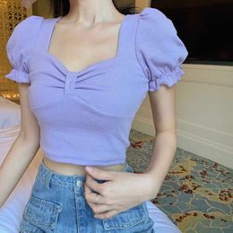 WOMENGAGA T-shirt Women's Puff Sleeve Short Girl Purple Summer Tees V-neck Tights Tshirt Women TB8D 210603