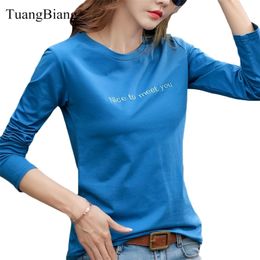 Letter Embroidery Autumn Cotton T-shirt Spring Women Long Sleeve Casual Red T shirts Fashion O-Neck Blue Yellow Simple Tops 210324