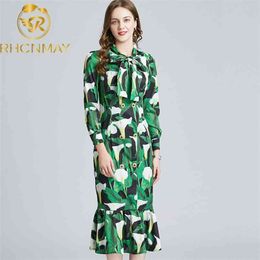 Spring Summer Fashion Runway Mermaid Party Midi Dress Women Long Sleeve Bow Collar Floral Print Button Elegant 210506