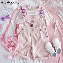 Women's Jumpsuits & Rompers Japanese Mori Girl Summer Women Anime Overalls Harajuku Baggy Pink Embroidery Bear Playsuits Cute Kawaii Cotton