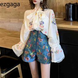 Ezgaga Two Piece Set Women Embroidery Vintage Bowknot Lantern Sleeve Blouse Shirts High Waist Shorts Wide Leg Elegant Fashion 210430