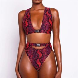 Buckle High Waist Bikini Set African Swimwear women swimsuit Sexy Red Snake Print Bathing suit Female Bikinis Brazilian 210611