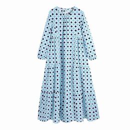 PUWD Oversize Women O Neck Straight Dress Spring-autumn Fashion Ladies Sweet Cute Loose Female Blue Print 210522