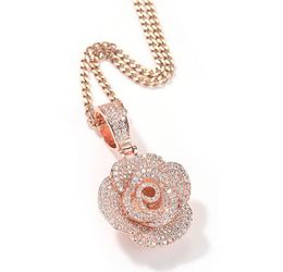14K Zircon Rose Flower Pendant Necklace with 3mm 24inch rope chain Hip Hop Gold Silve Jewellery
