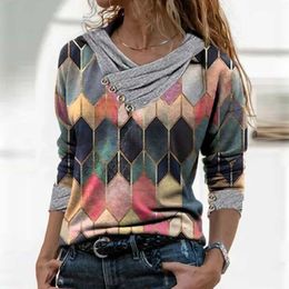 Spring Ladies Pullovers New Fashion Print Button Women Clothing V-Neck Office Lady Casual Plus Size Women's Tops Autumn Soft X0628