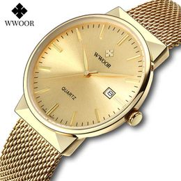 WWOOR Luxury Gold Watch Men Casual Golden Mesh Steel Ultra Thin Waterproof Automatic Date Quartz Wrist Watches Relogio Masculino 210527