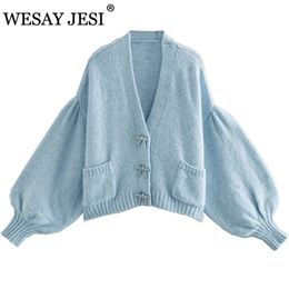 WESAY JESI Autumn Winter Women Knit Cardigan Buttons Long Sleeves V-Neck Loose Sweater Casual Fashion Chic Tops 210812