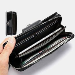 Men Genuine Leather Bifold Long 6 Card Slot Card Holder Large Capacity 6.5 Inch Phone Bag Clutch Bags Zipper Wallet - Black