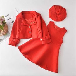 Fashion Outfits Girls 2PCS Woolen Princess Clothes Set Long Sleeve Coat Outwear+Tank-Dress Kids Children Autumn Suit+Hat S11544 211025