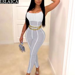 Women Jumpsuit Spaghetti Strap Solid Color Backless Sexy Bodysuit Streetwear Mesh See Through Party Club Skinny 210520