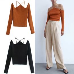 Za Sexy Off Shoulders Knit Top Women Cut Out Exposed Shoulders Straps Long Sleeve Knitted Shirt Fashion Backless Woman Tops 210602