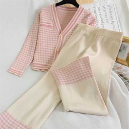 Women Knit Houndstooth Cardigan Long Sleeve Sweater Tops + Wide Leg Pants Sets Elegant V-neck Knitwear Trousers 2 Piece Outfits 211116